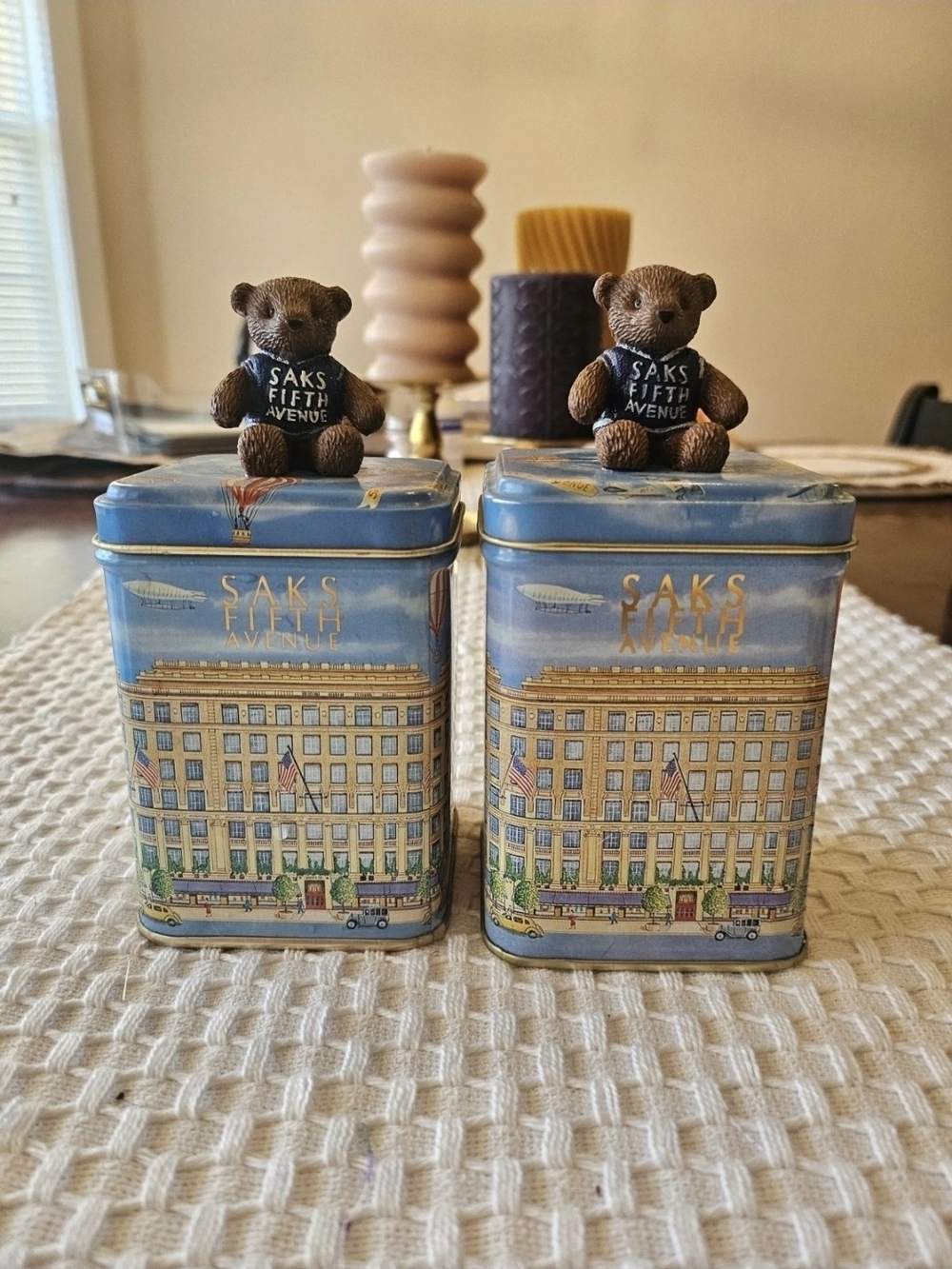 Vintage Saks Fifth Avenue Blue Decorative Tins with Brown Bear Lid Finials